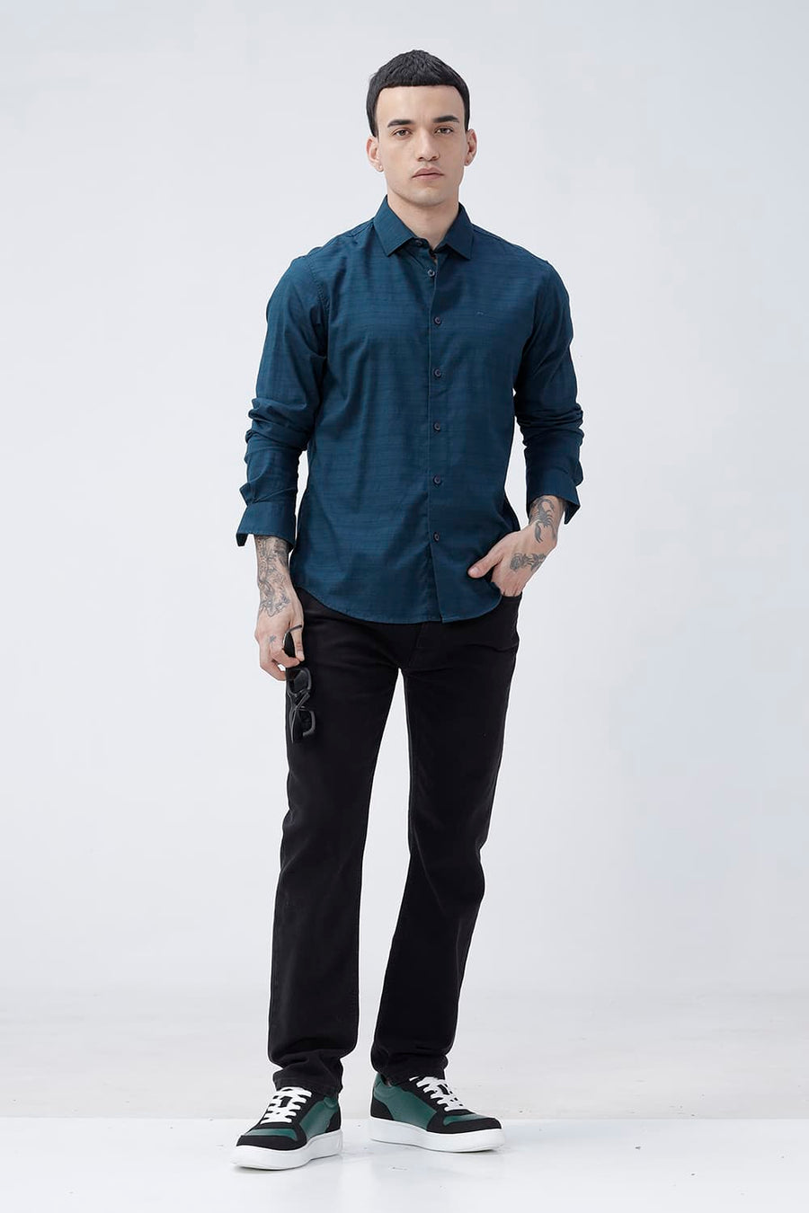 BASICS SLIM FIT STARGAZER TEAL COTTON DOBBY SHIRT