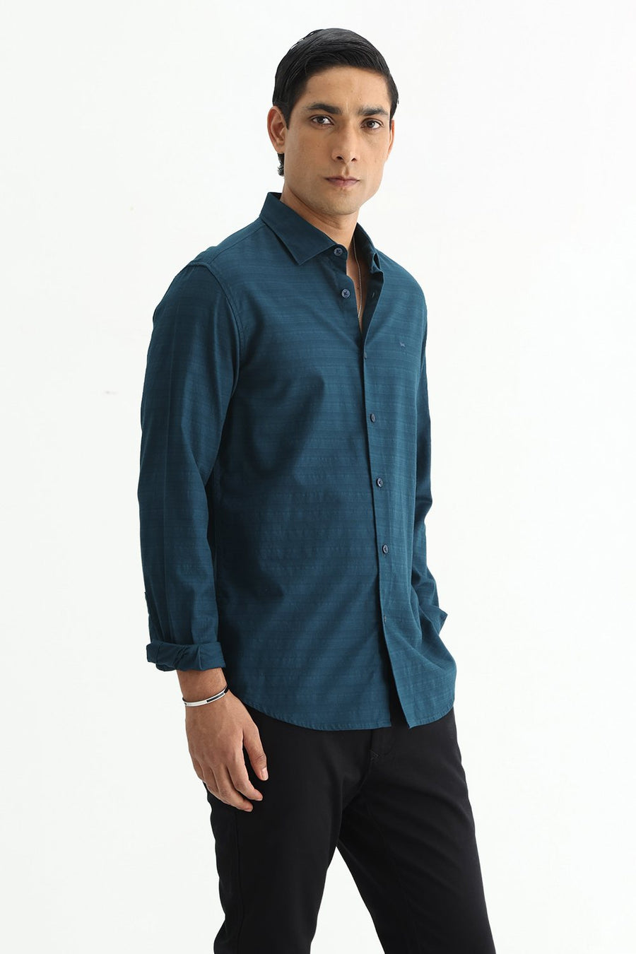 BASICS SLIM FIT STARGAZER TEAL COTTON DOBBY SHIRT