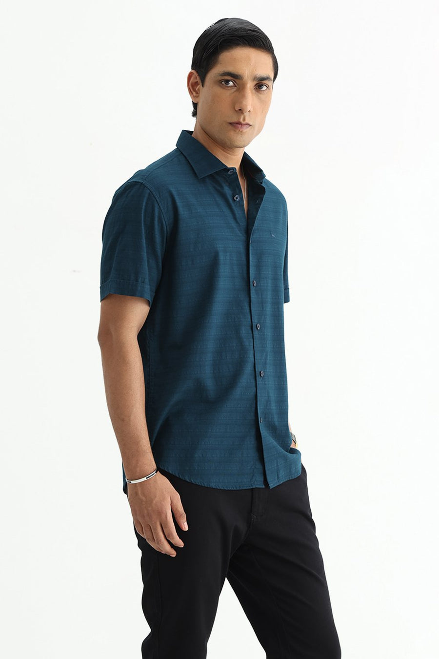 BASICS SLIM FIT STARGAZER TEAL COTTON DOBBY HALFSLEEVES SHIRT