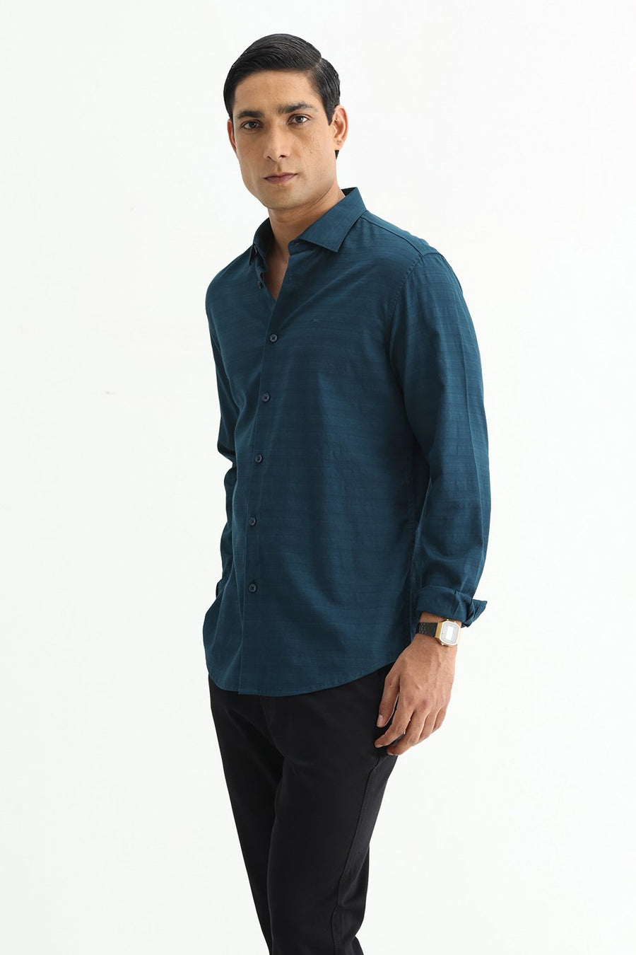 BASICS SLIM FIT STARGAZER TEAL COTTON DOBBY SHIRT