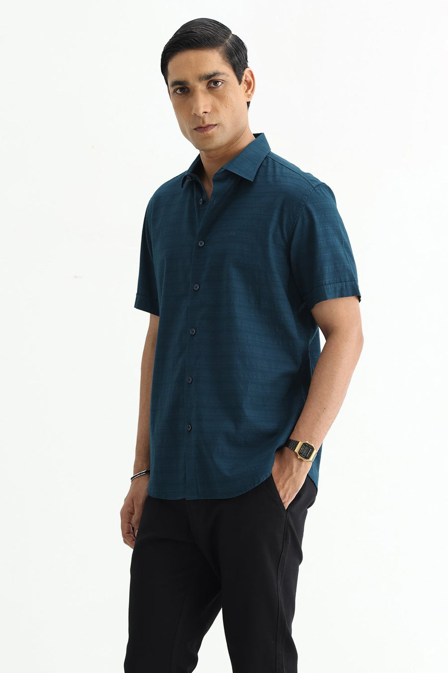 BASICS SLIM FIT STARGAZER TEAL COTTON DOBBY HALFSLEEVES SHIRT