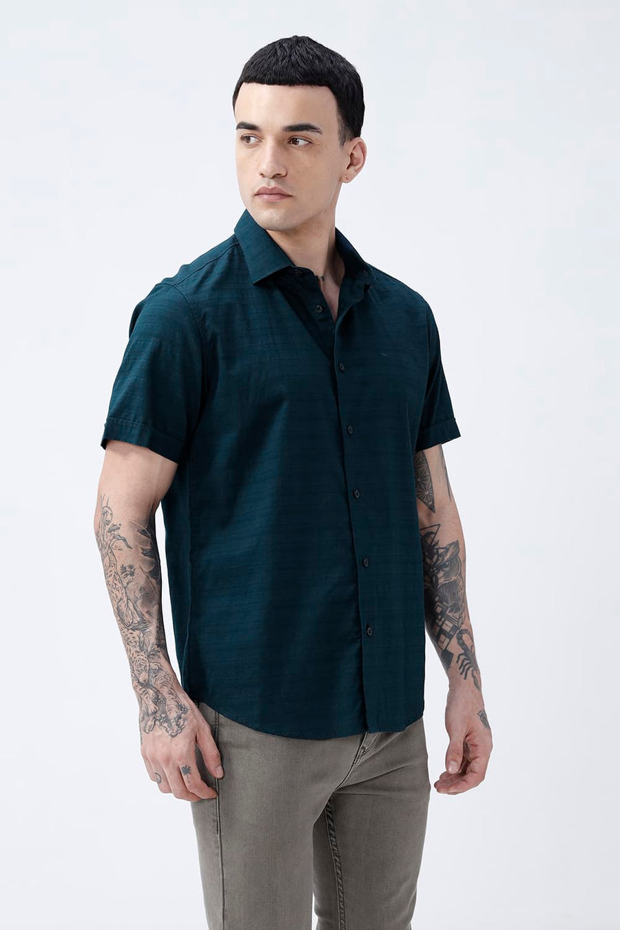 BASICS SLIM FIT STARGAZER TEAL COTTON DOBBY HALFSLEEVES SHIRT
