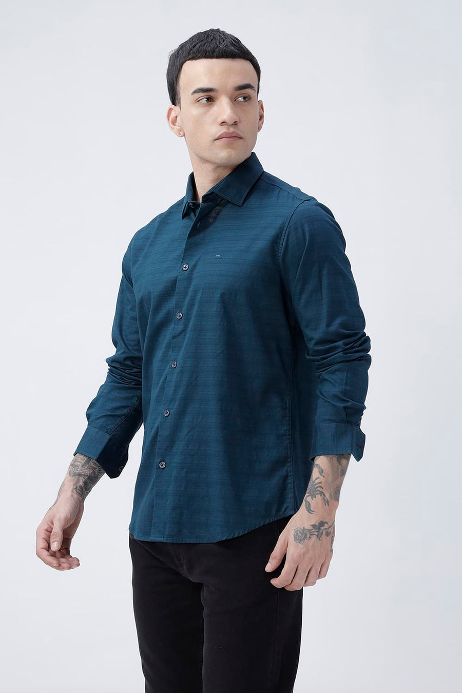 BASICS SLIM FIT STARGAZER TEAL COTTON DOBBY SHIRT