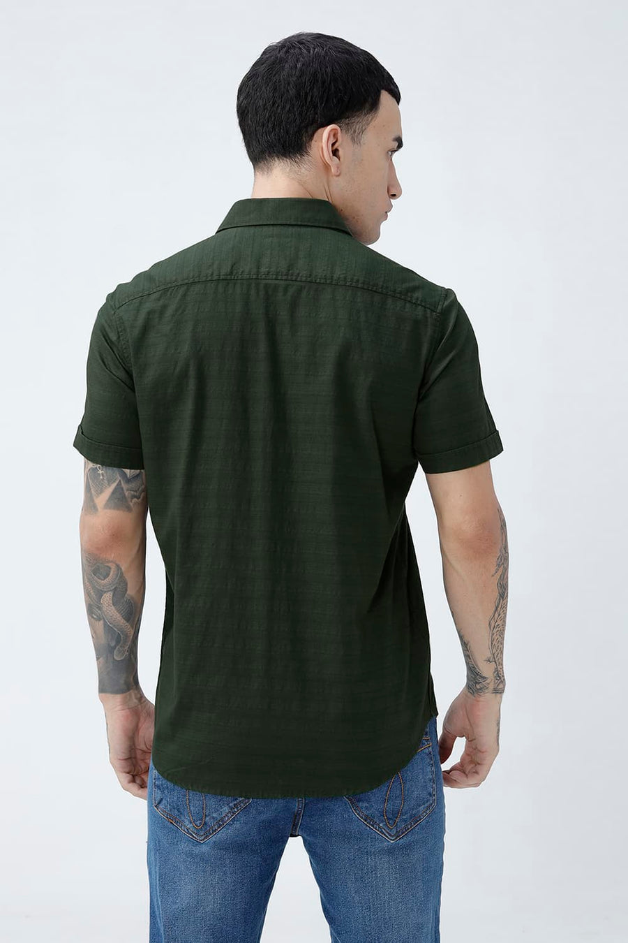 BASICS SLIM FIT DEEP GREEN COTTON DOBBY HALFSLEEVES SHIRT