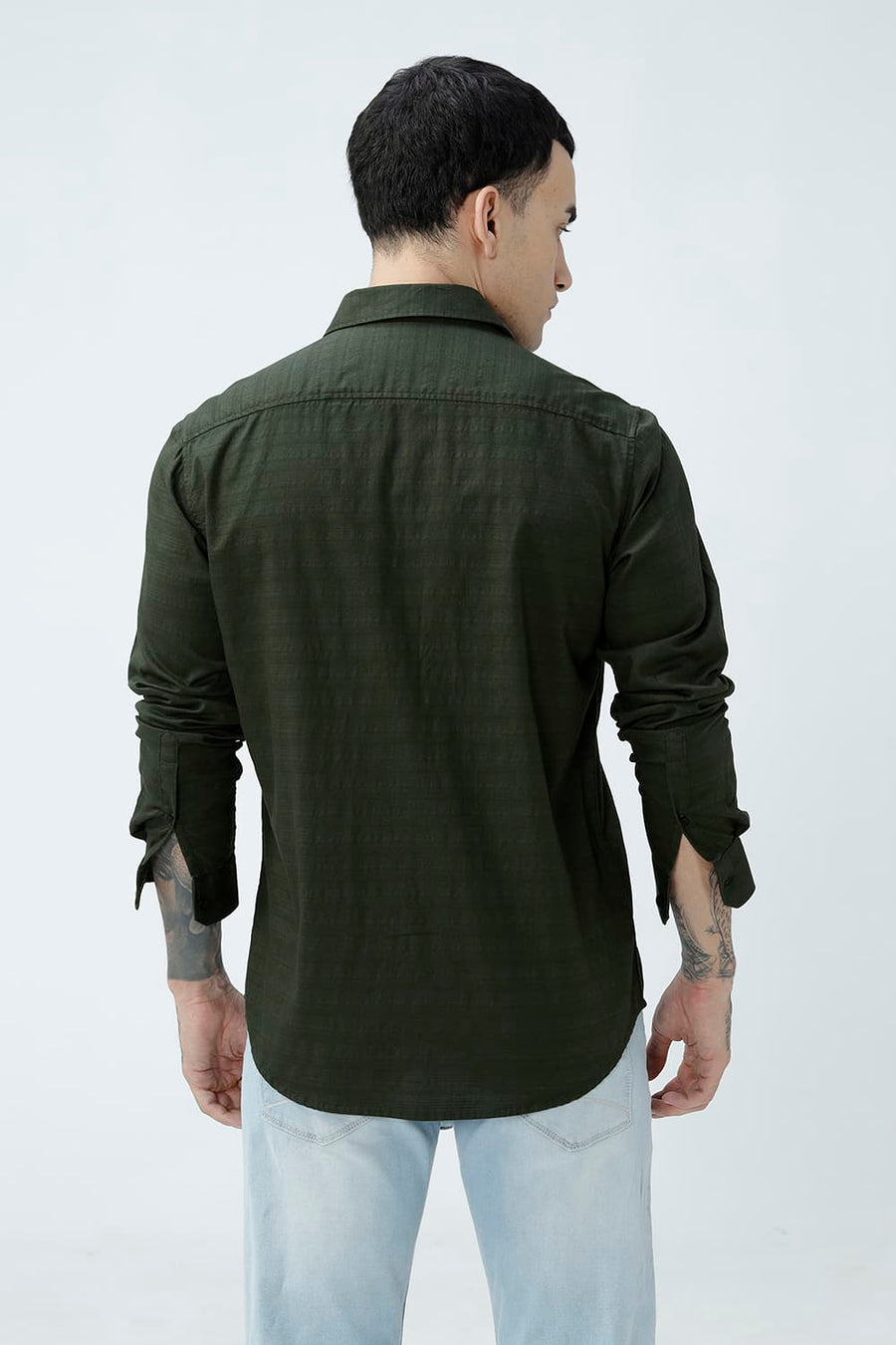 BASICS SLIM FIT DEEP GREEN COTTON DOBBY SHIRT