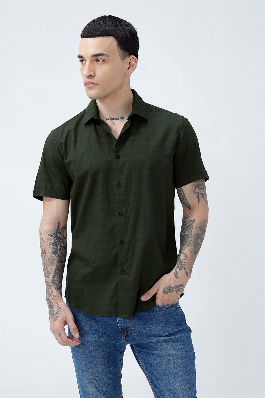 BASICS SLIM FIT DEEP GREEN COTTON DOBBY HALFSLEEVES SHIRT