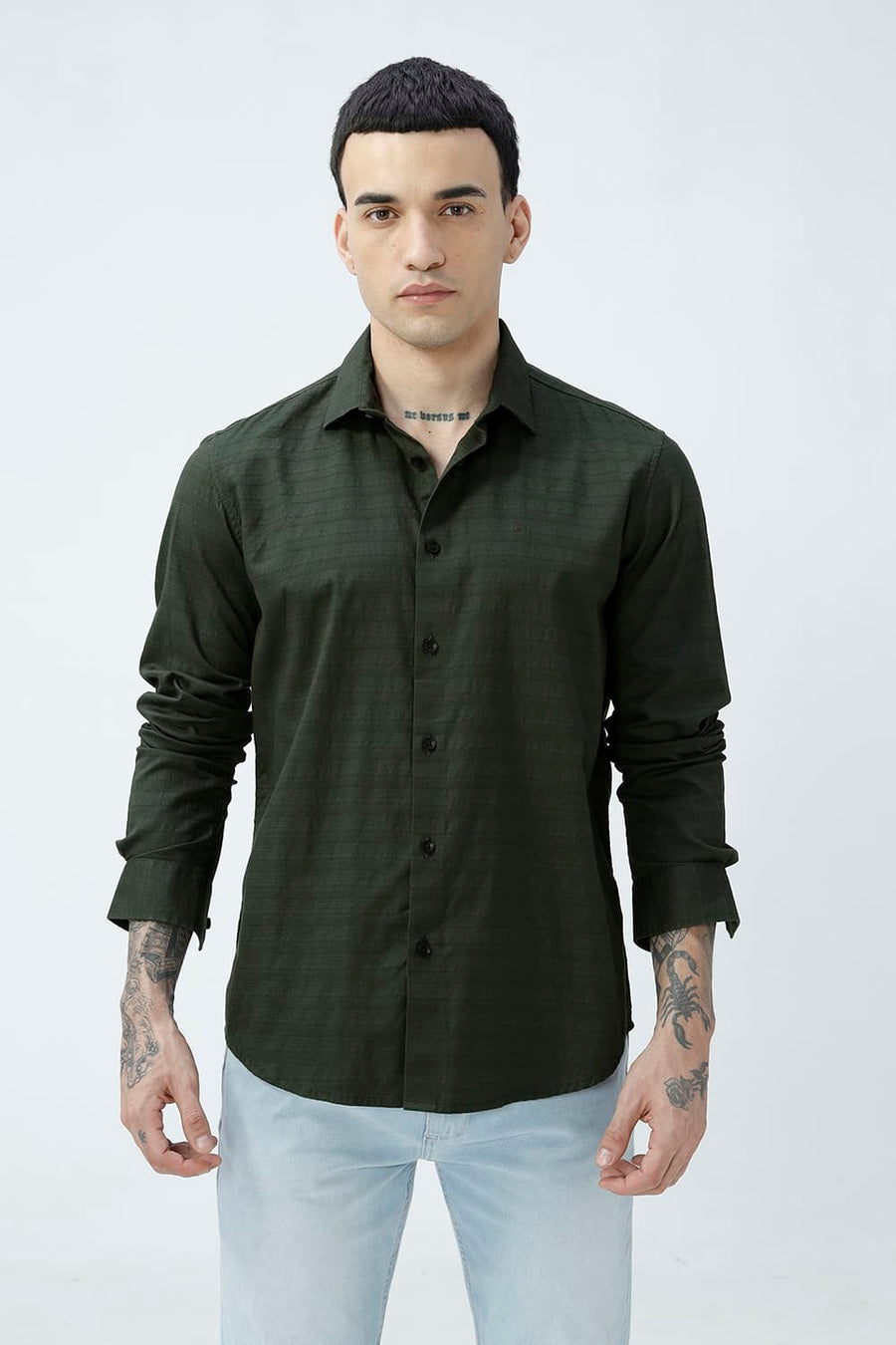 BASICS SLIM FIT DEEP GREEN COTTON DOBBY SHIRT