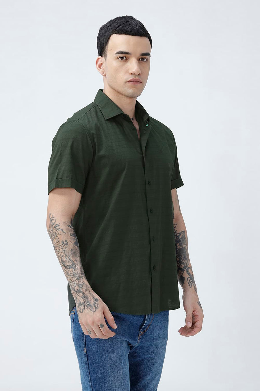 BASICS SLIM FIT DEEP GREEN COTTON DOBBY HALFSLEEVES SHIRT