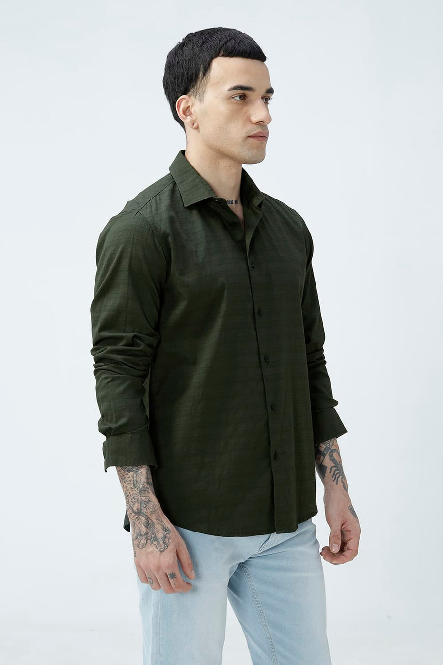 BASICS SLIM FIT DEEP GREEN COTTON DOBBY SHIRT