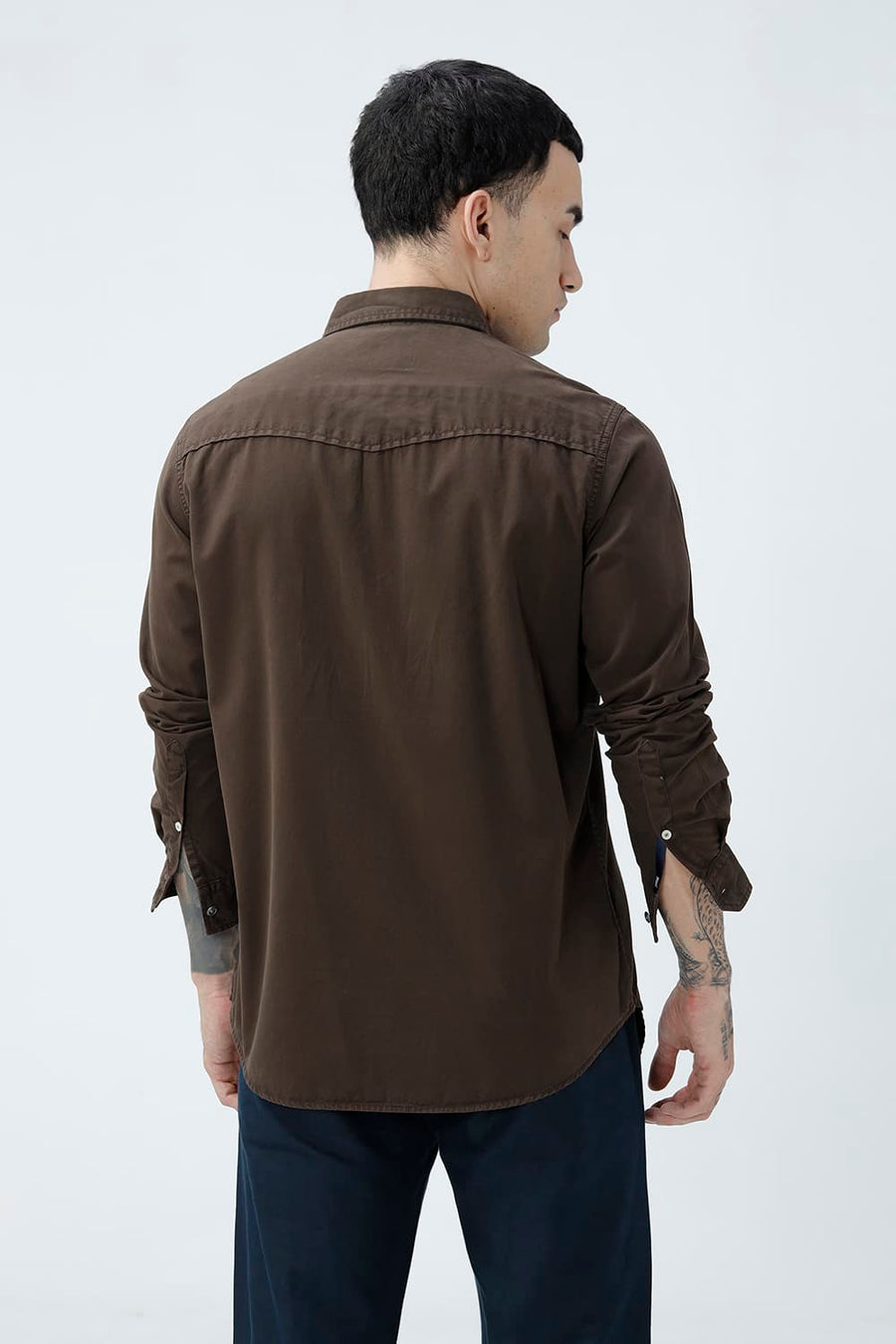 BASICS SLIM FIT MULCH BROWN COTTON TWILL SHIRT