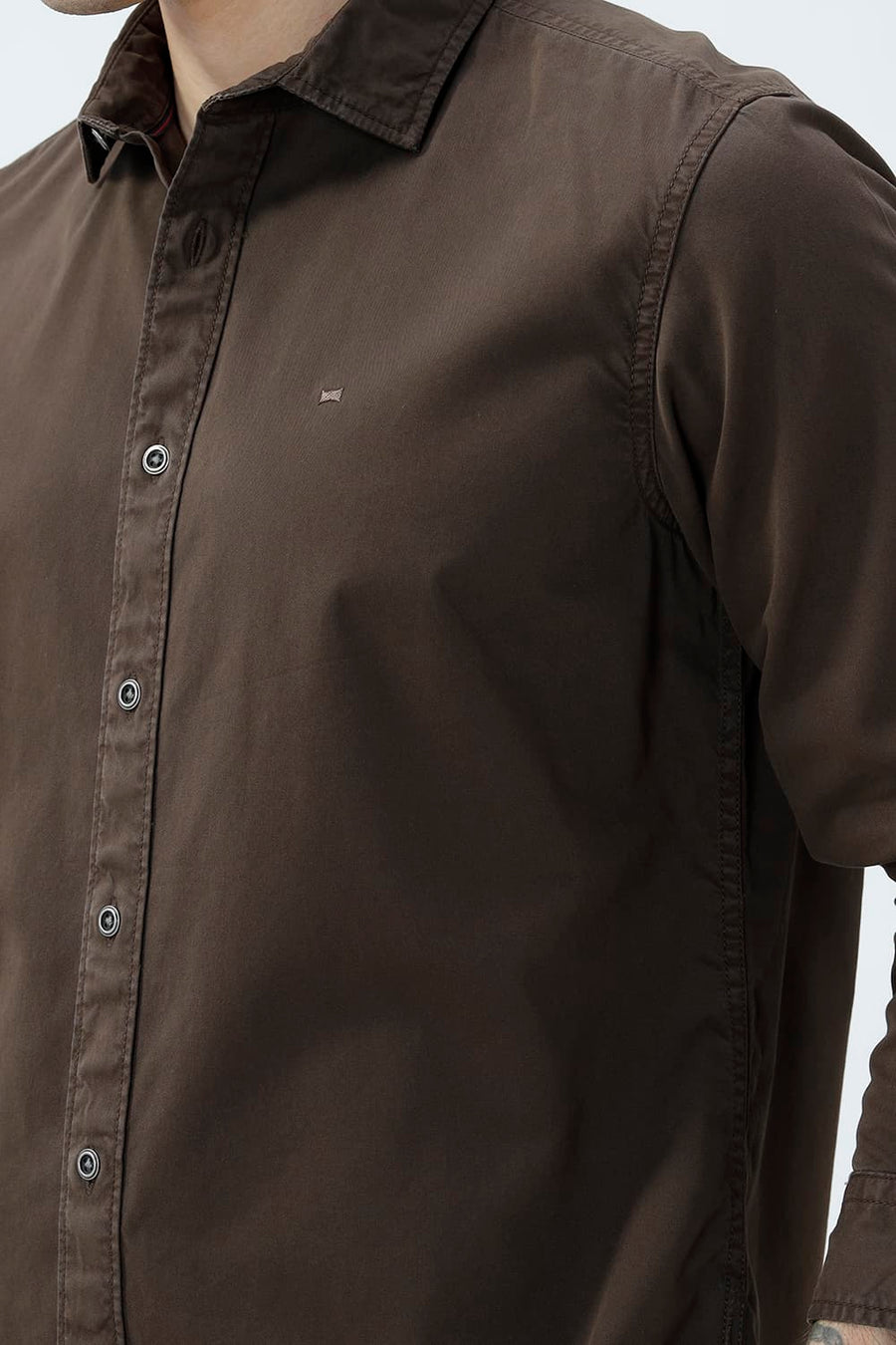 BASICS SLIM FIT MULCH BROWN COTTON TWILL SHIRT