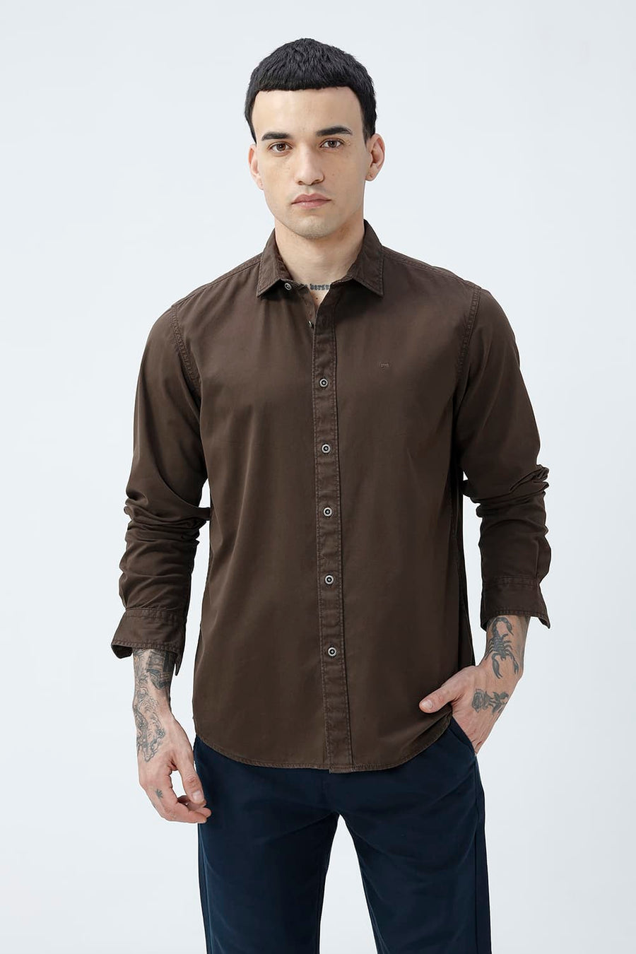 BASICS SLIM FIT MULCH BROWN COTTON TWILL SHIRT