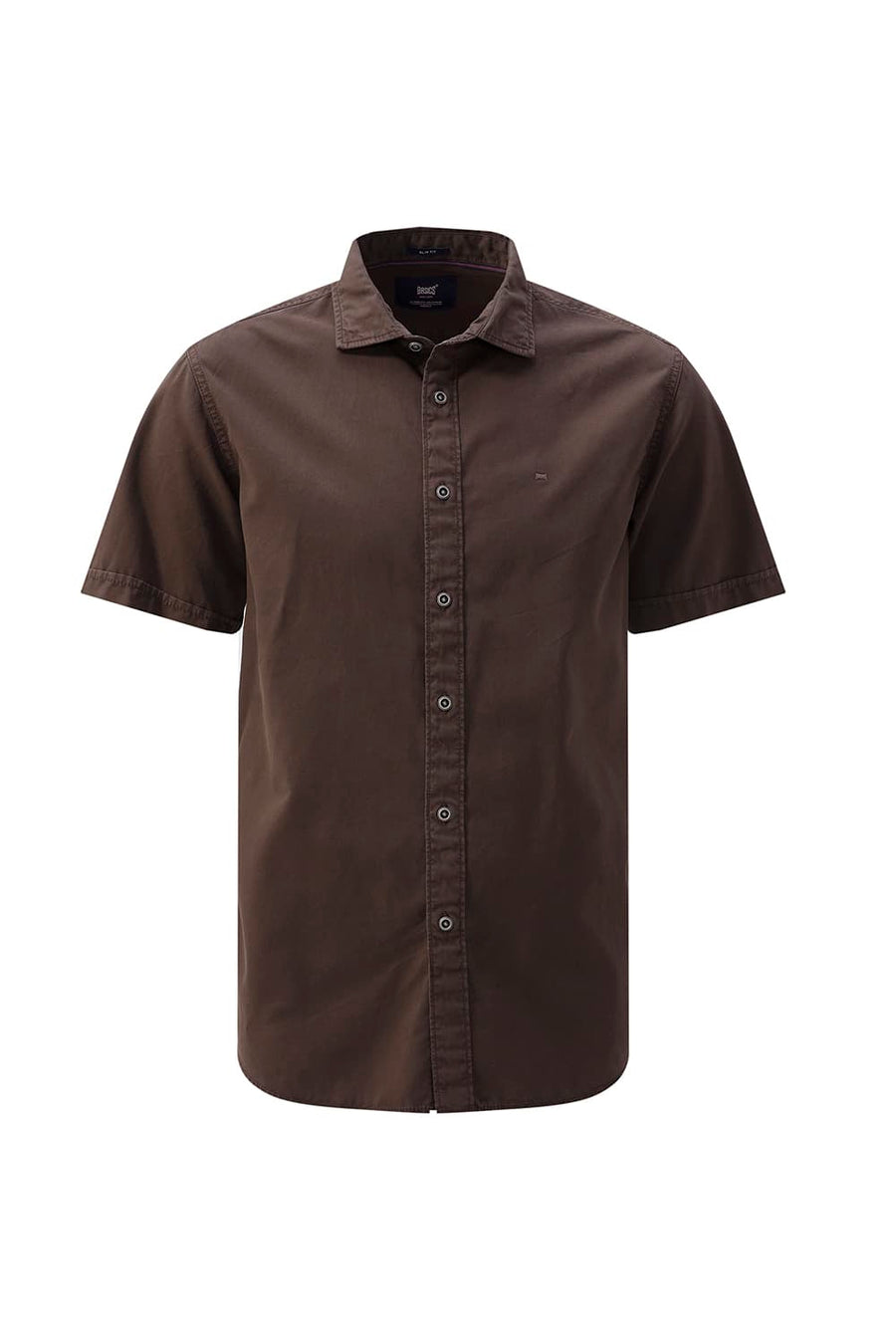 BASICS SLIM FIT MULCH BROWN COTTON TWILL HALFSLEEVES SHIRT
