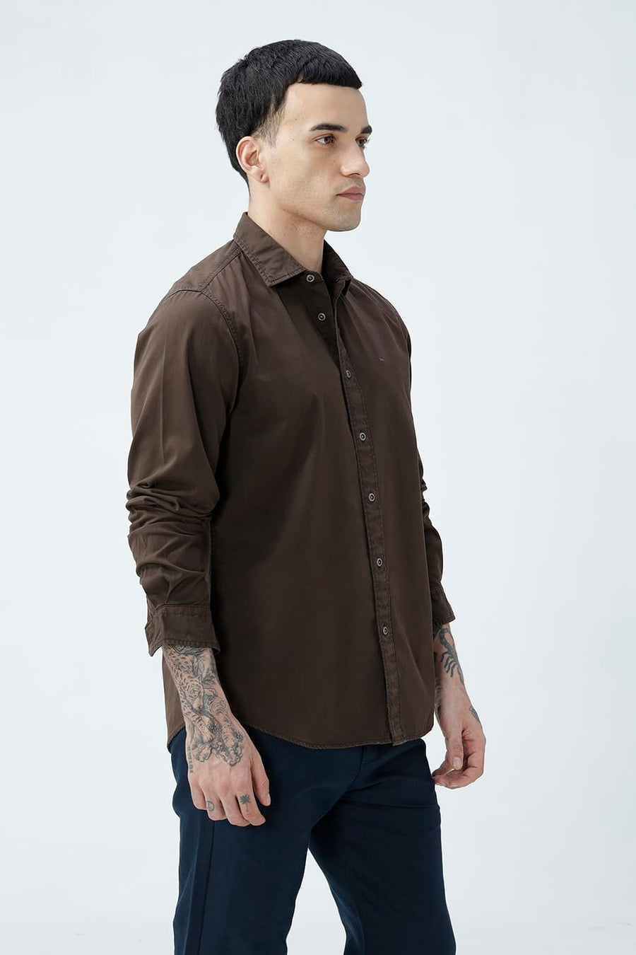 BASICS SLIM FIT MULCH BROWN COTTON TWILL SHIRT