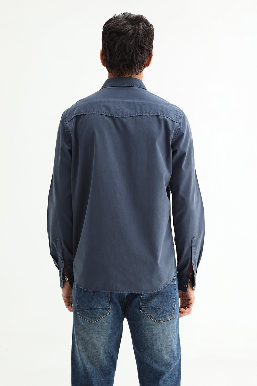 BASICS SLIM FIT WING NAVY COTTON TWILL SHIRT