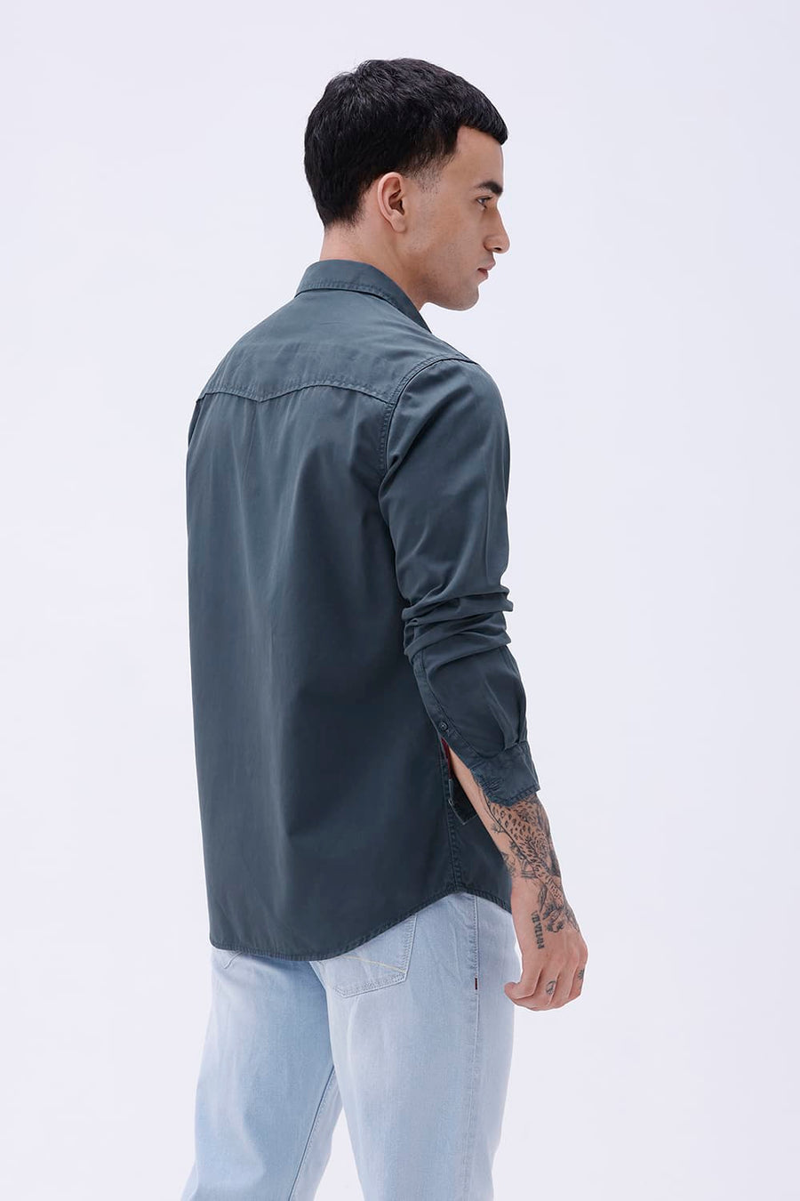 BASICS SLIM FIT WING NAVY COTTON TWILL SHIRT