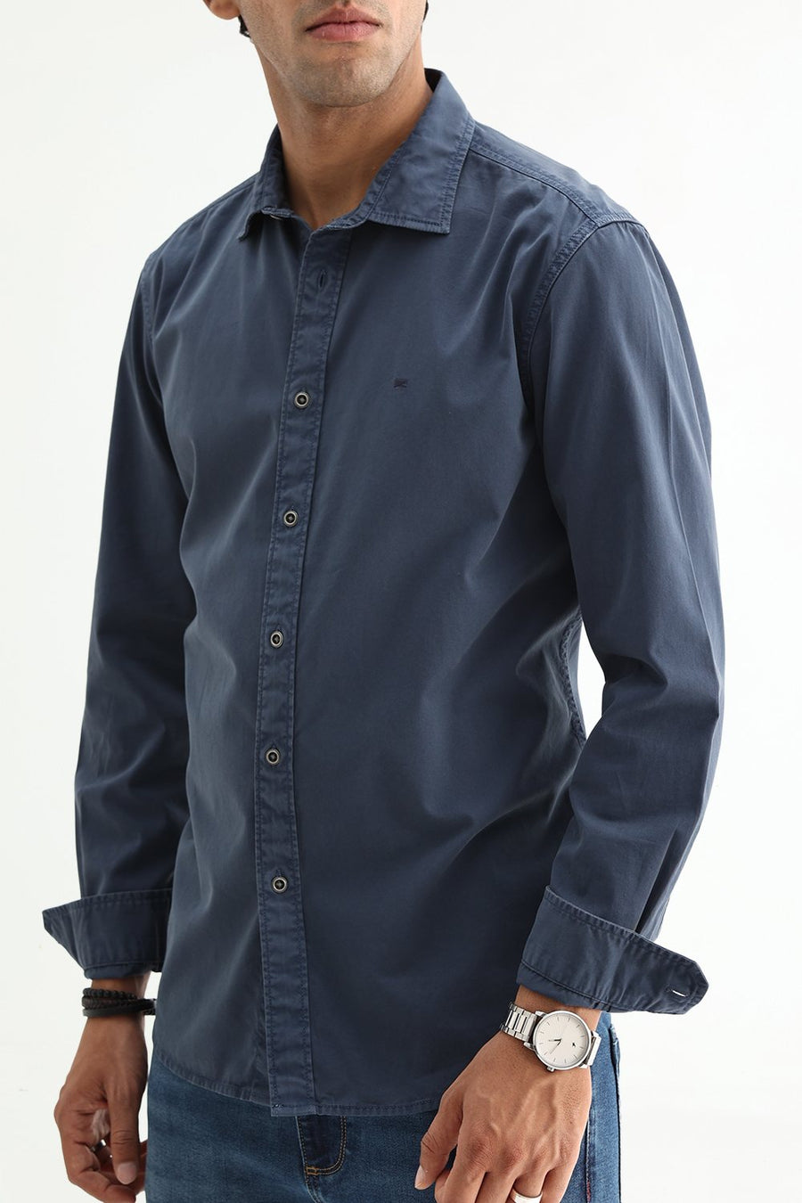 BASICS SLIM FIT WING NAVY COTTON TWILL SHIRT