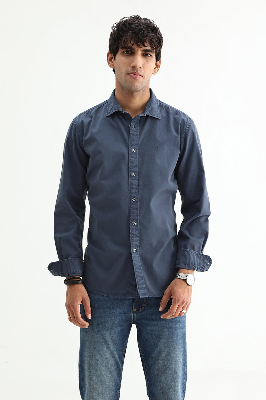 BASICS SLIM FIT WING NAVY COTTON TWILL SHIRT