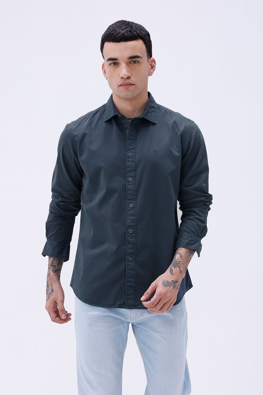 BASICS SLIM FIT WING NAVY COTTON TWILL SHIRT