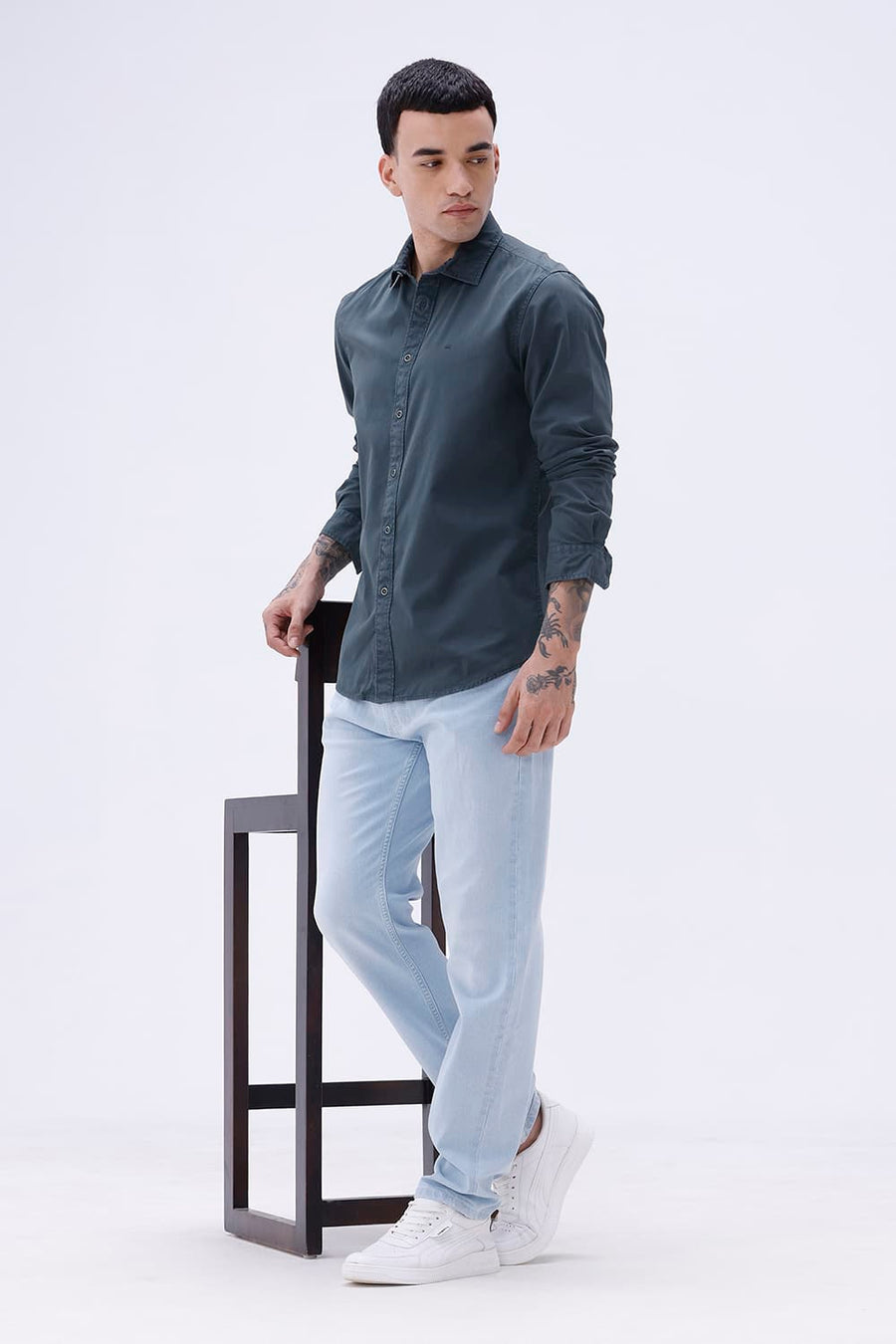 BASICS SLIM FIT WING NAVY COTTON TWILL SHIRT