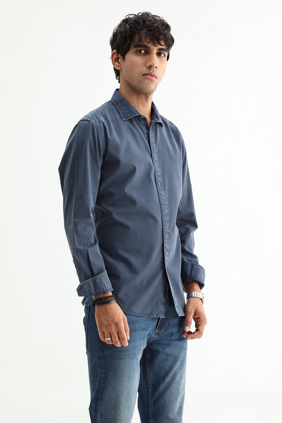 BASICS SLIM FIT WING NAVY COTTON TWILL SHIRT
