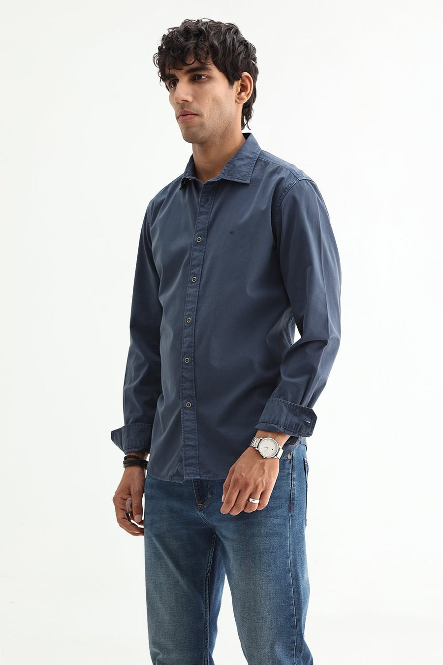 BASICS SLIM FIT WING NAVY COTTON TWILL SHIRT
