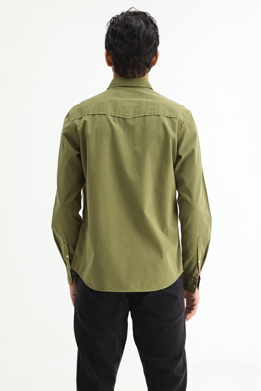BASICS SLIM FIT PESTO GREEN COTTON TWILL SHIRT