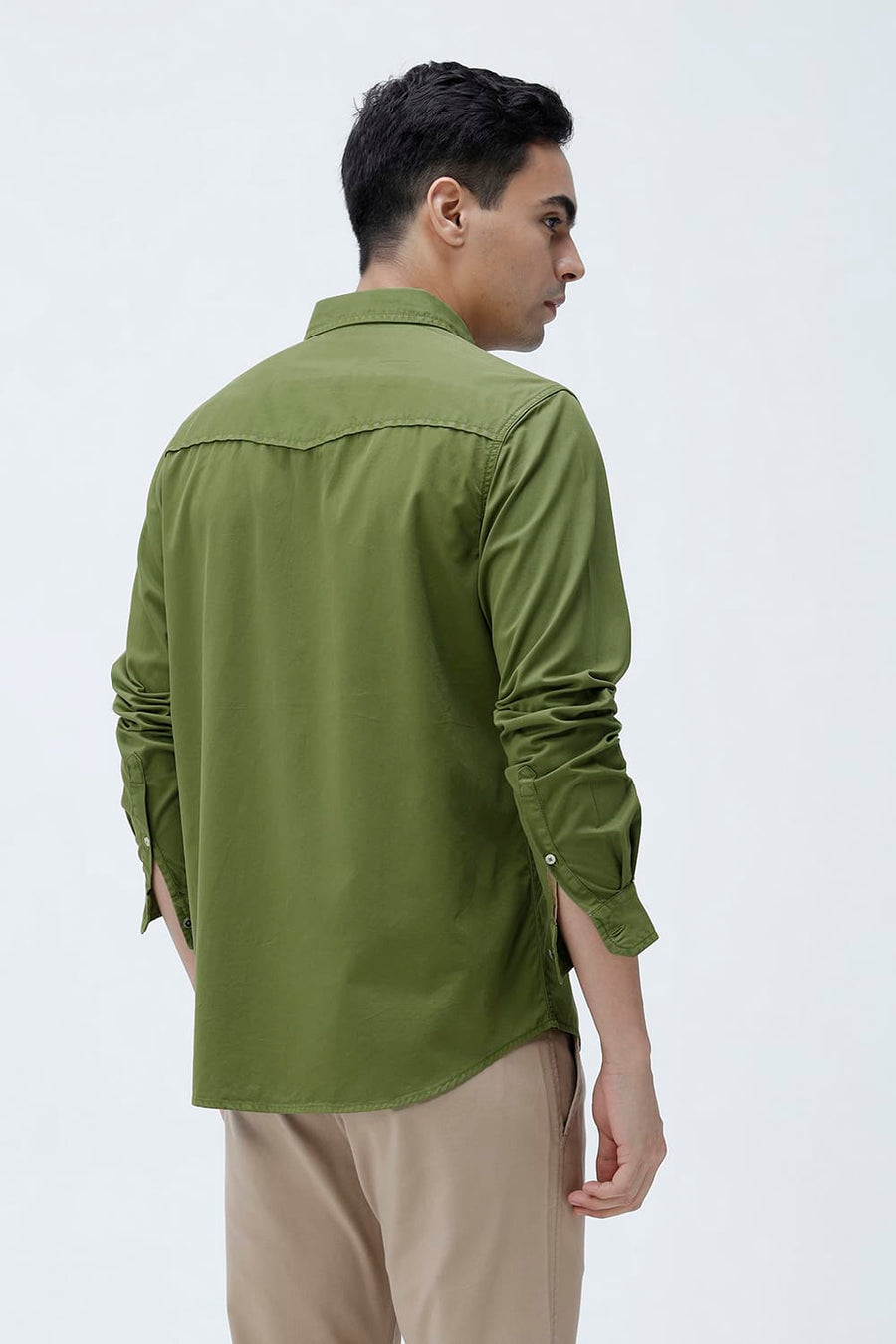 BASICS SLIM FIT PESTO GREEN COTTON TWILL SHIRT