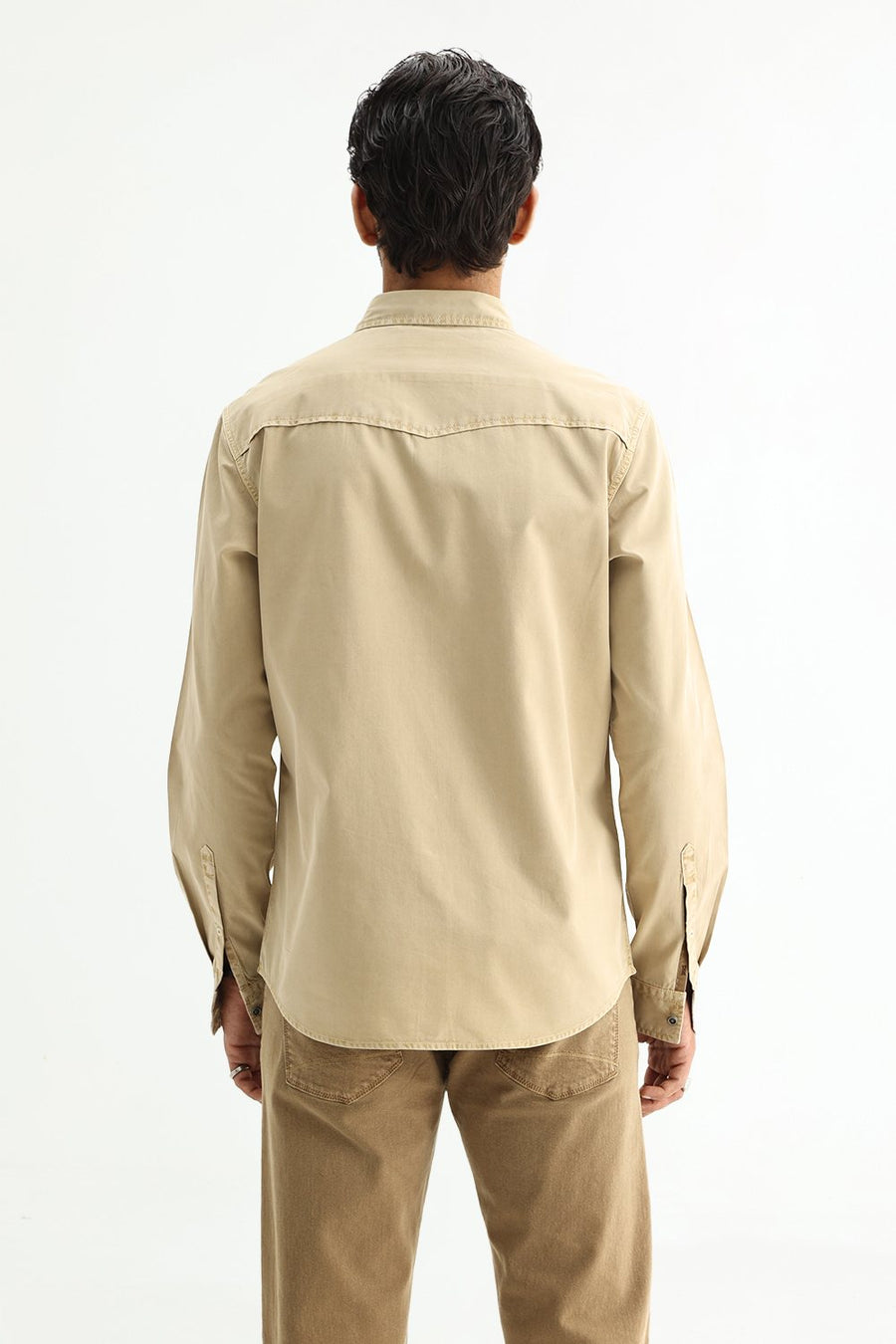 BASICS SLIM FIT ALMOND BEIGE COTTON TWILL SHIRT