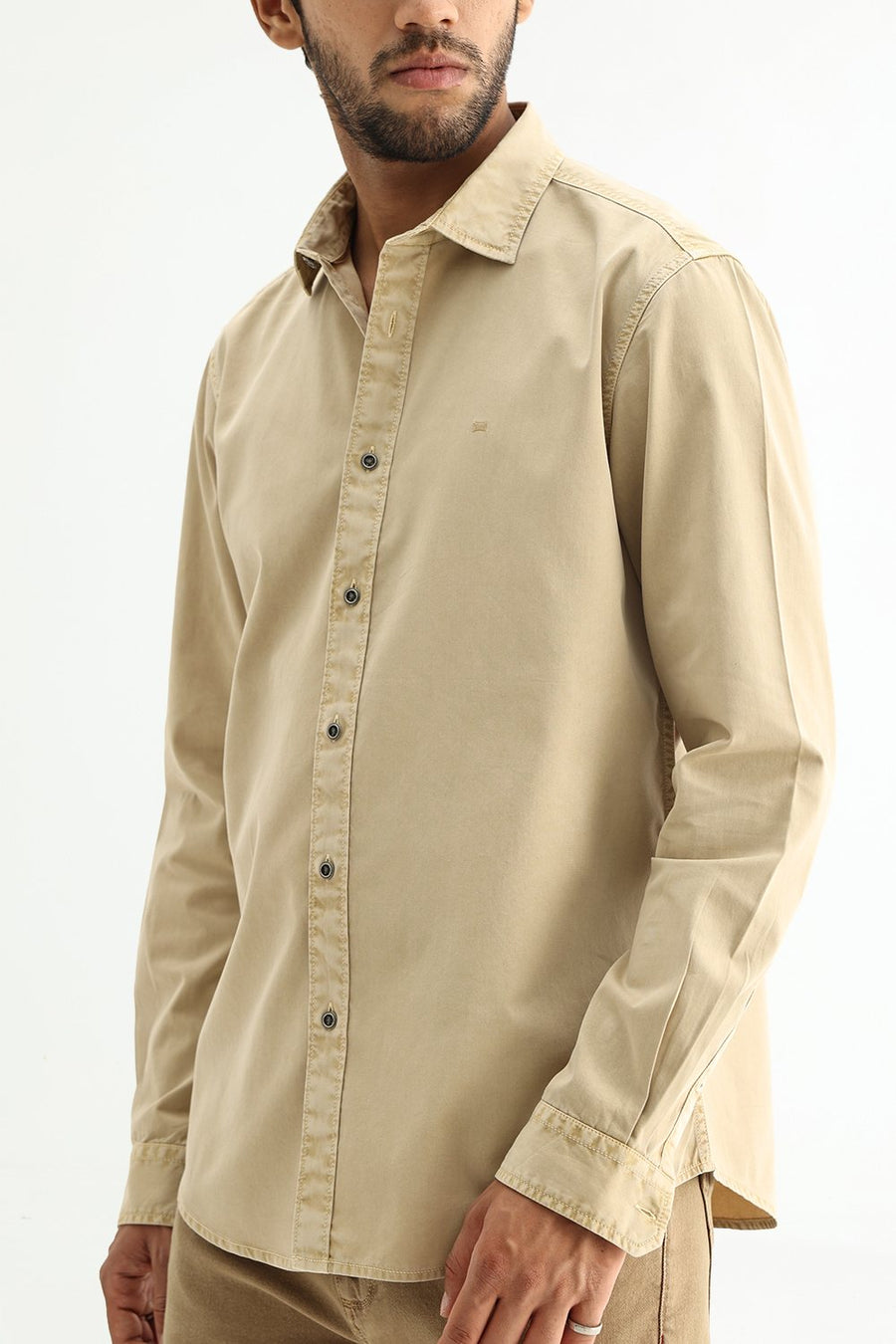 BASICS SLIM FIT ALMOND BEIGE COTTON TWILL SHIRT