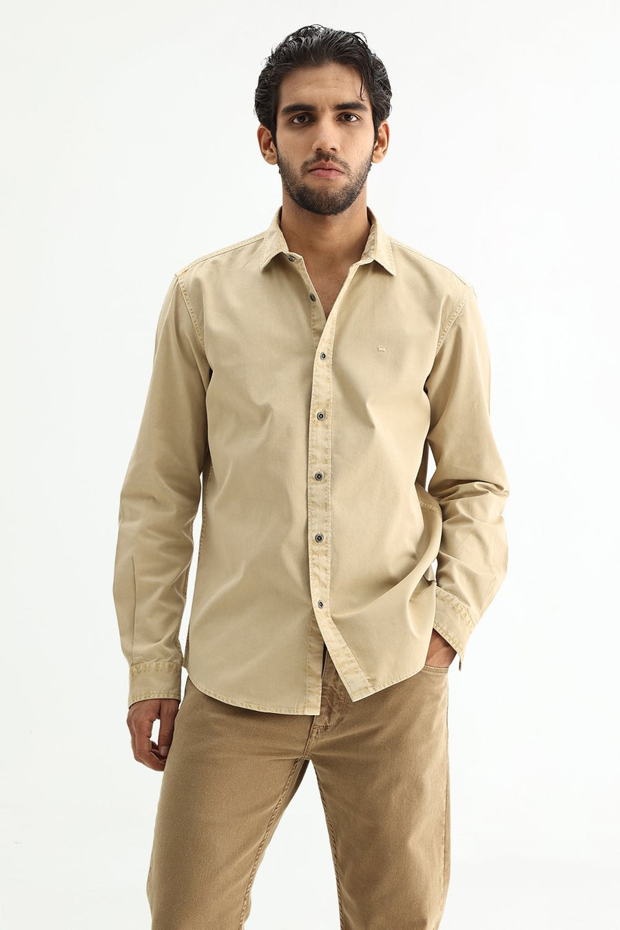 BASICS SLIM FIT ALMOND BEIGE COTTON TWILL SHIRT