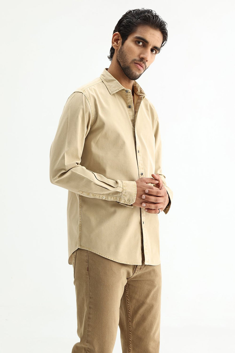 BASICS SLIM FIT ALMOND BEIGE COTTON TWILL SHIRT