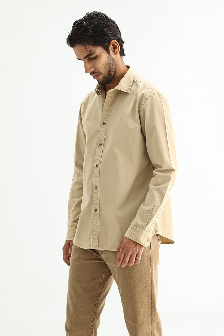 BASICS SLIM FIT ALMOND BEIGE COTTON TWILL SHIRT