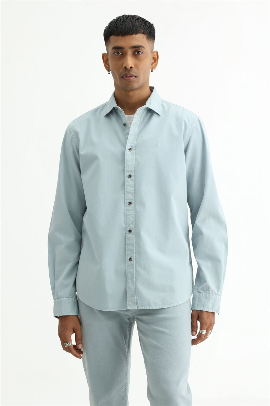 BASICS SLIM FIT STERLING BLUE COTTON TWILL SHIRT