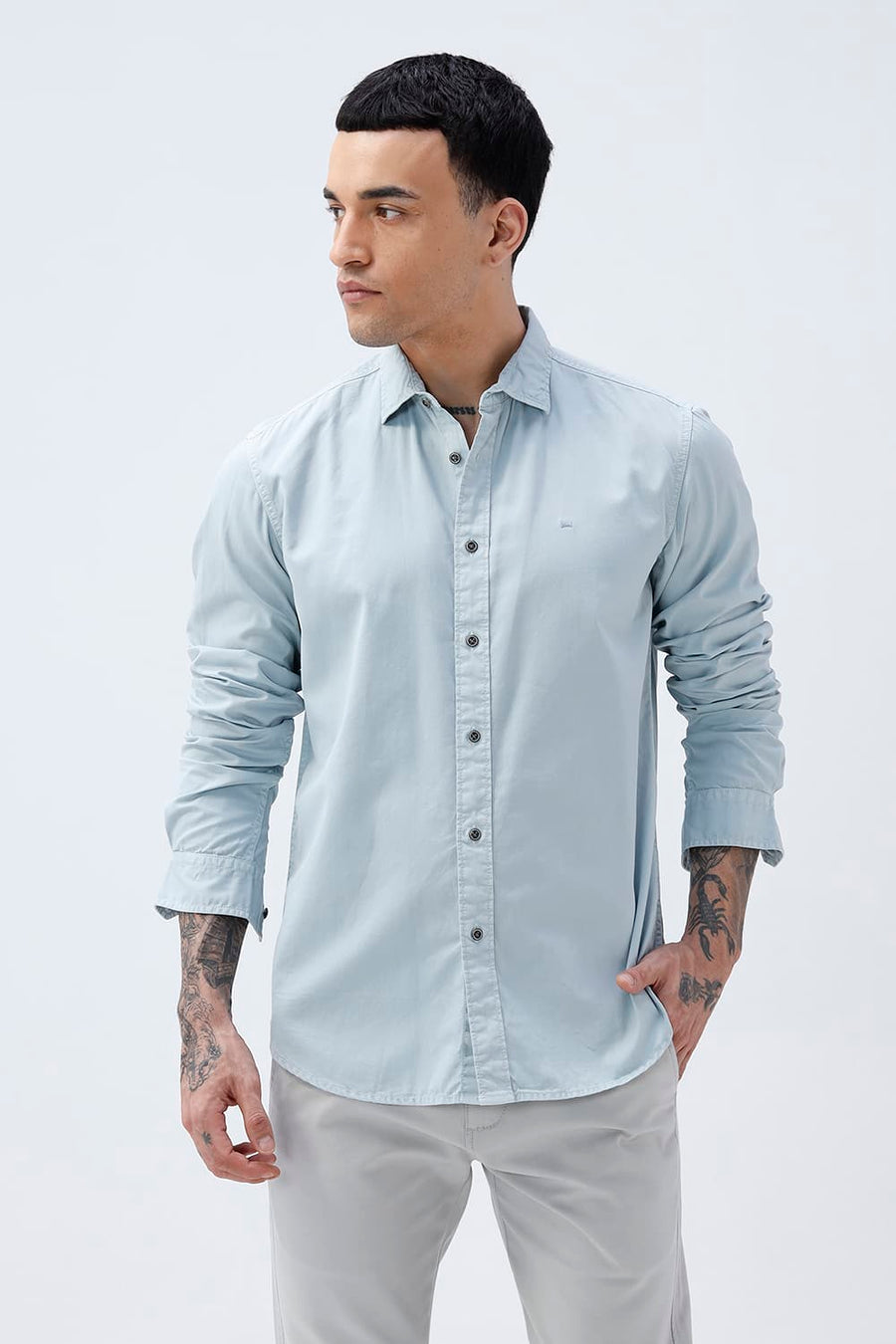 BASICS SLIM FIT STERLING BLUE COTTON TWILL SHIRT