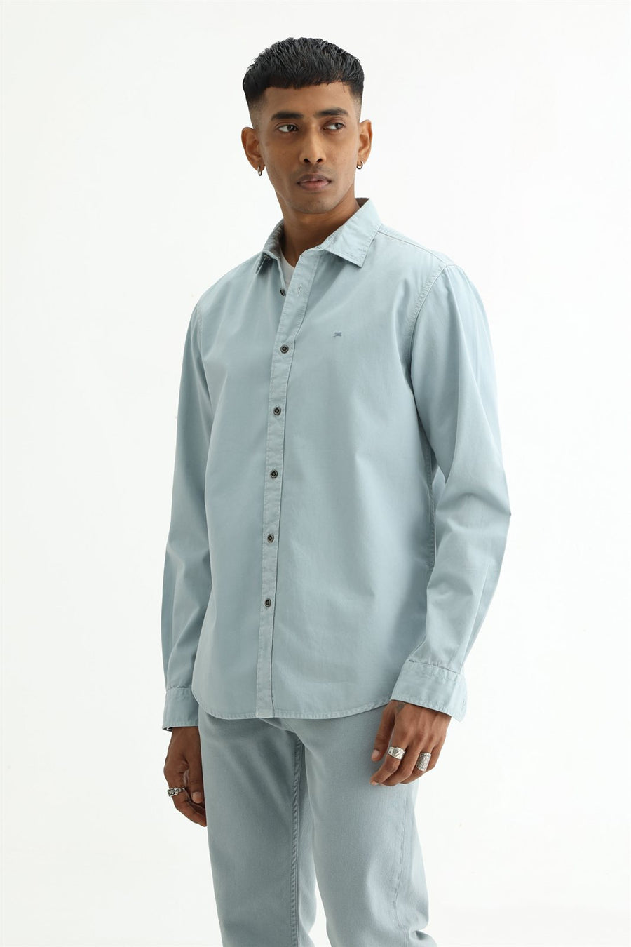 BASICS SLIM FIT STERLING BLUE COTTON TWILL SHIRT