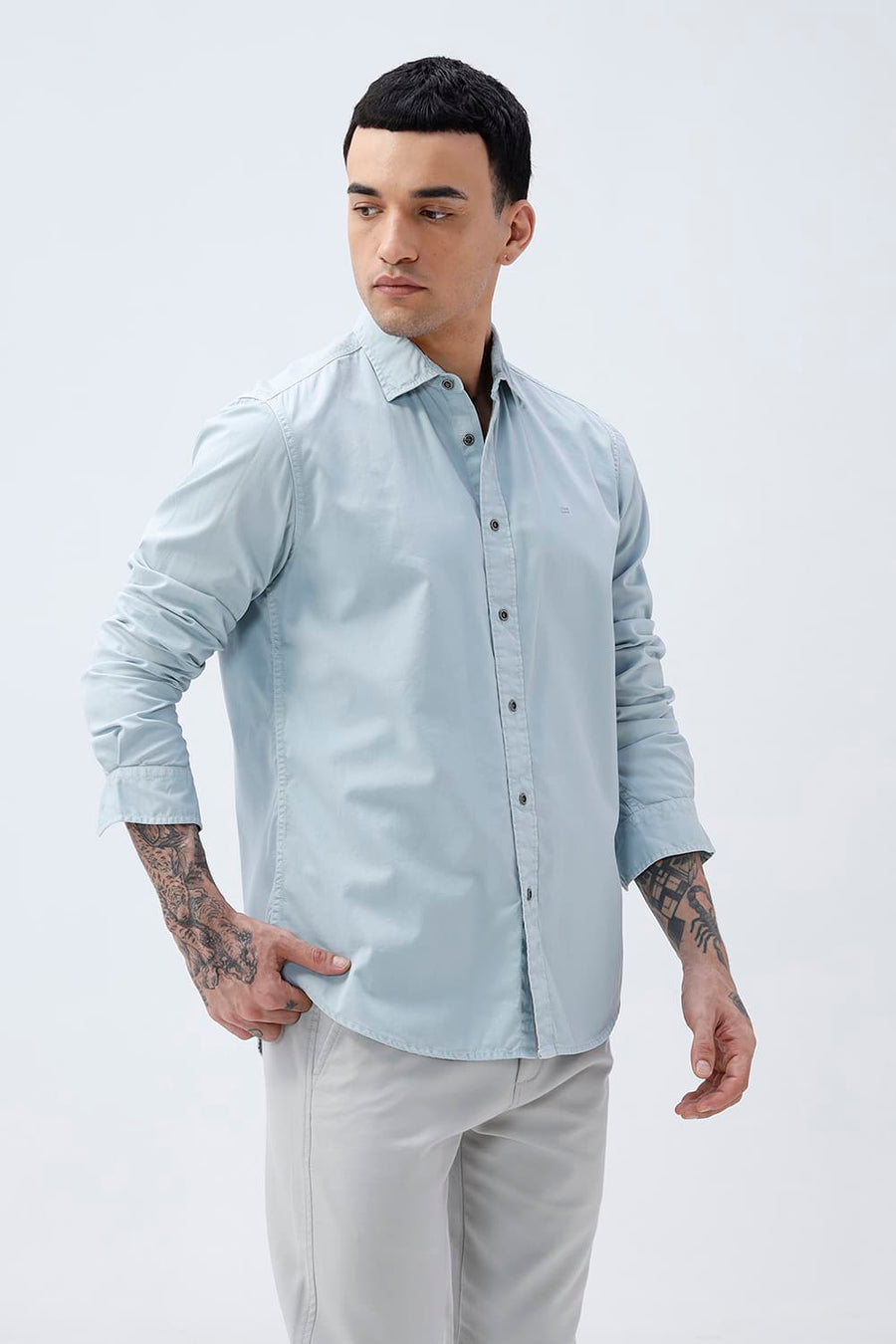 BASICS SLIM FIT STERLING BLUE COTTON TWILL SHIRT