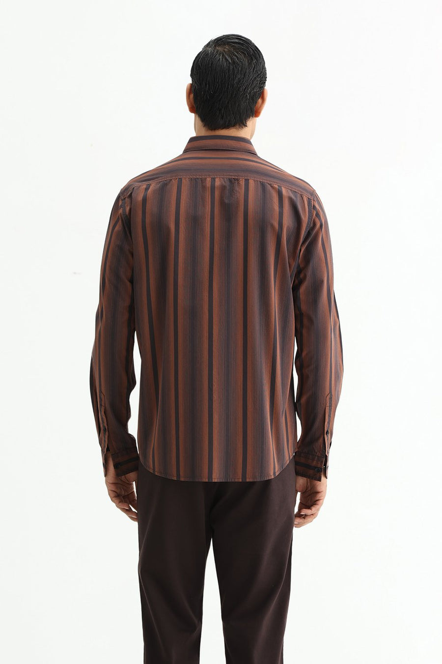BASICS SLIM FIT COCOA BROWN COTTON PLAIN STRIPES SHIRT