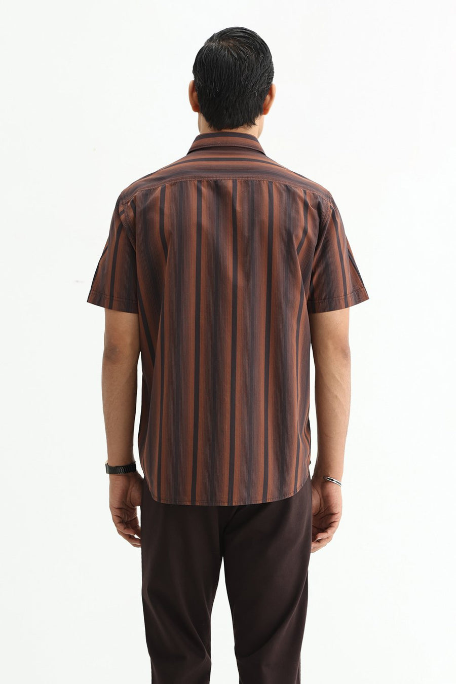 BASICS SLIM FIT COCOA BROWN COTTON PLAIN STRIPES HALFSLEEVES SHIRT