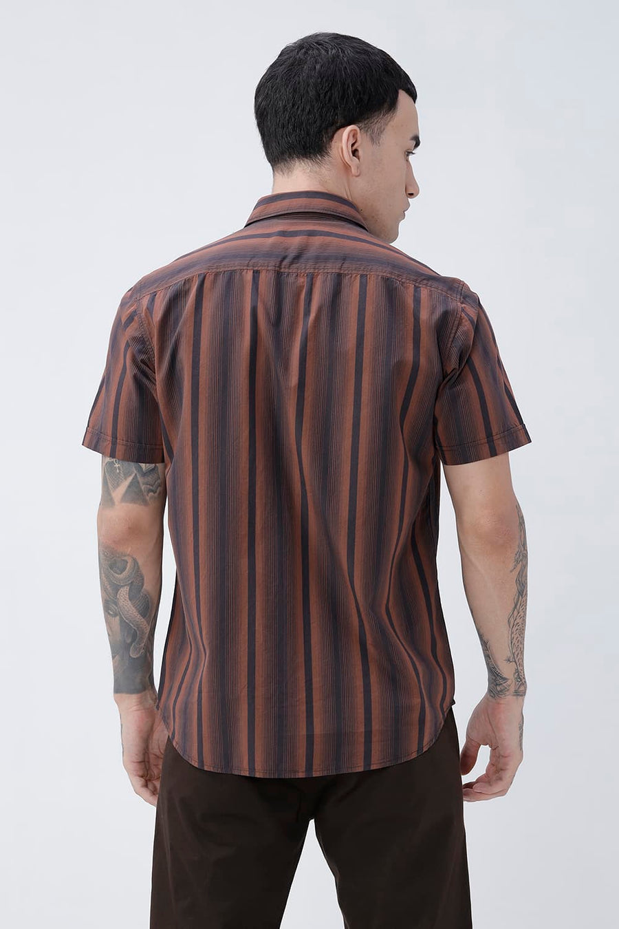 BASICS SLIM FIT COCOA BROWN COTTON PLAIN STRIPES HALFSLEEVES SHIRT