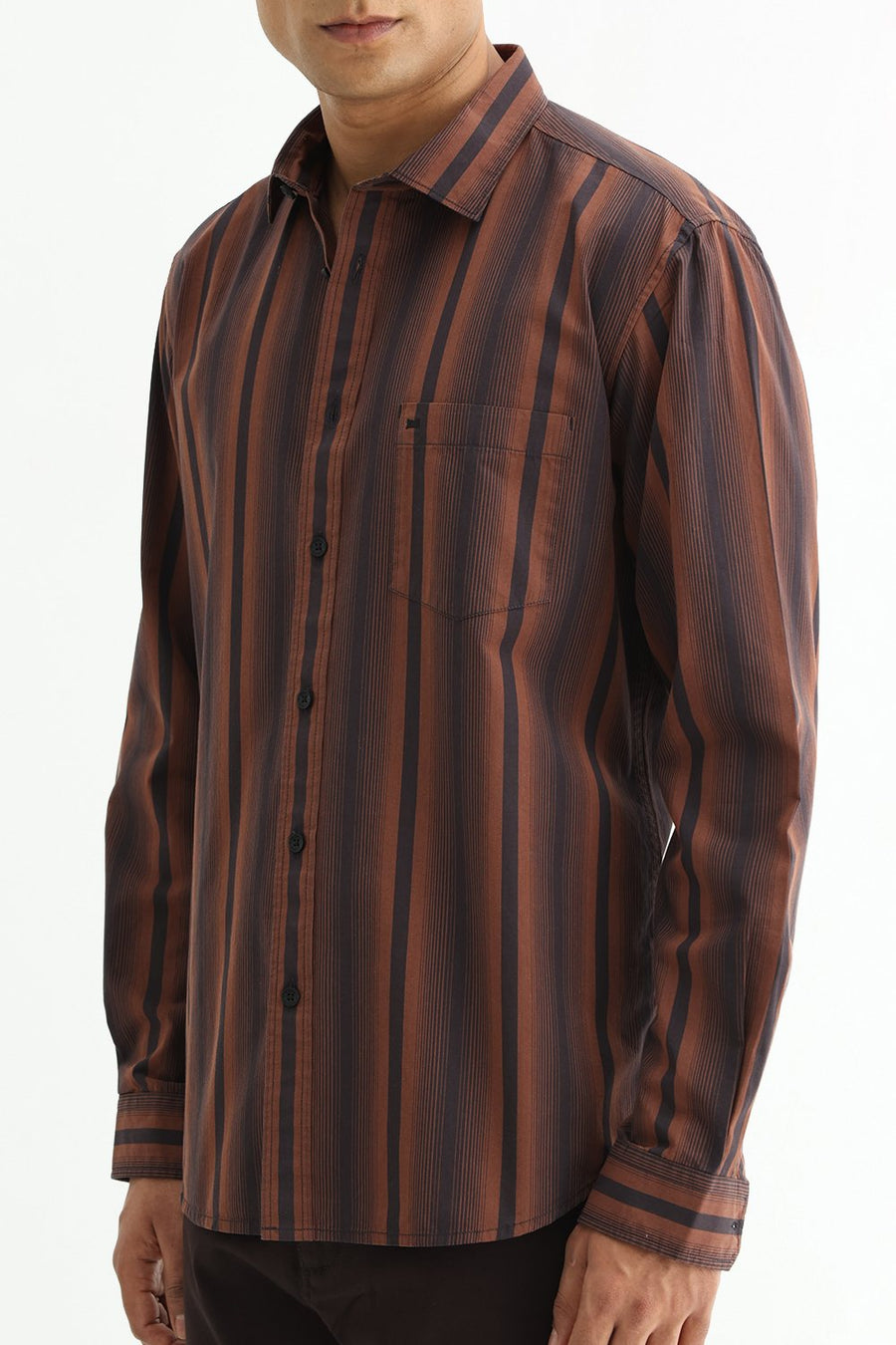 BASICS SLIM FIT COCOA BROWN COTTON PLAIN STRIPES SHIRT