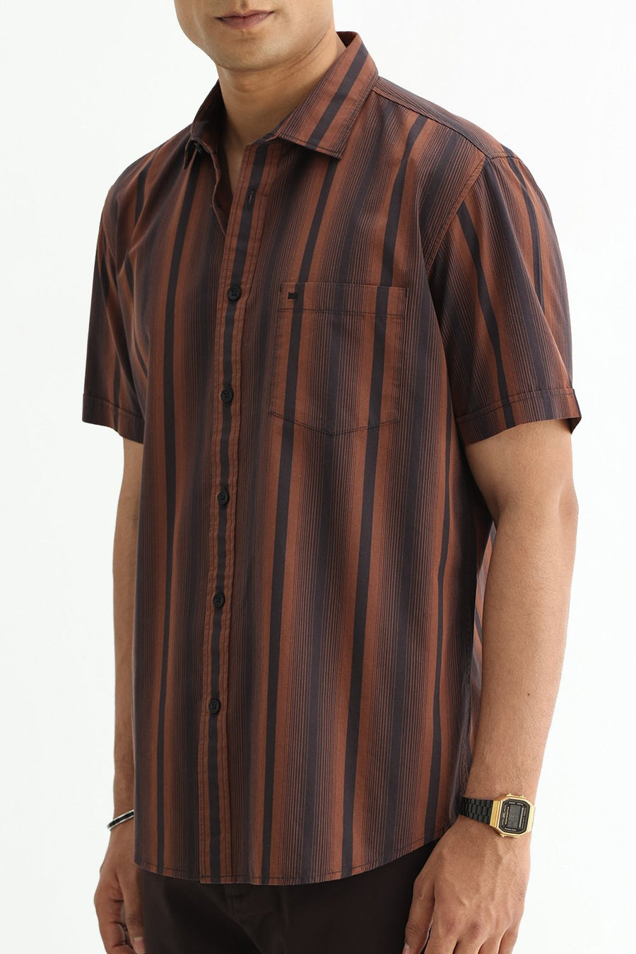 BASICS SLIM FIT COCOA BROWN COTTON PLAIN STRIPES HALFSLEEVES SHIRT