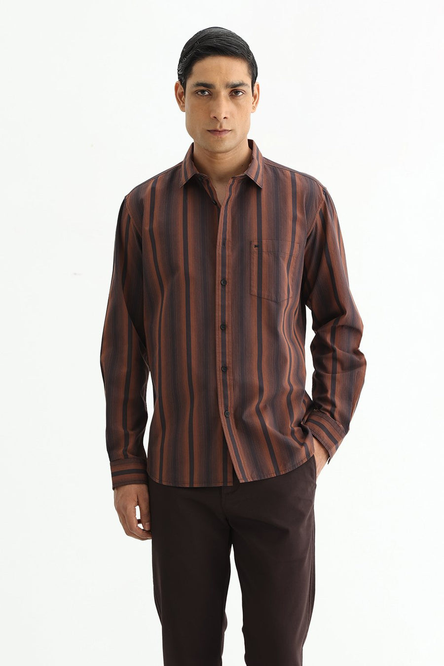 BASICS SLIM FIT COCOA BROWN COTTON PLAIN STRIPES SHIRT