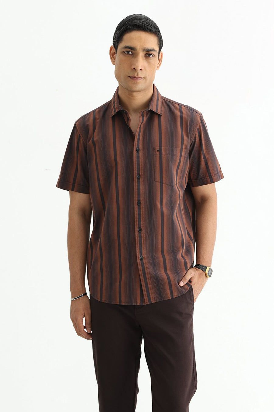 BASICS SLIM FIT COCOA BROWN COTTON PLAIN STRIPES HALFSLEEVES SHIRT