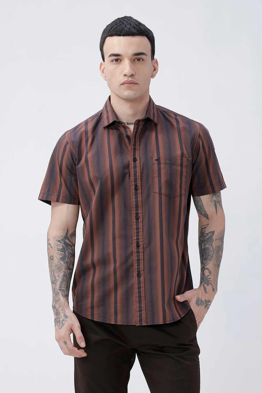 BASICS SLIM FIT COCOA BROWN COTTON PLAIN STRIPES HALFSLEEVES SHIRT
