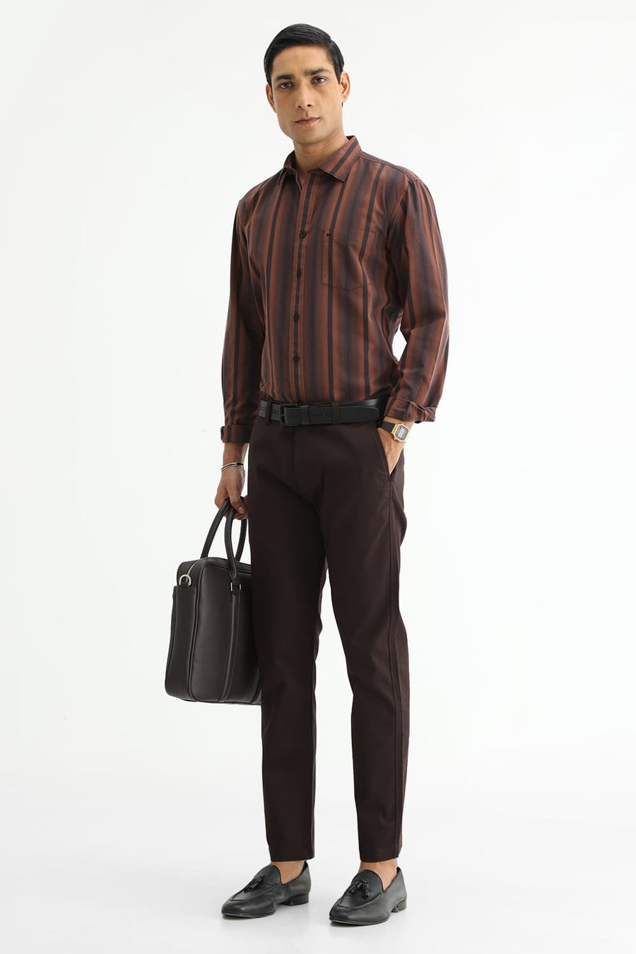 BASICS SLIM FIT COCOA BROWN COTTON PLAIN STRIPES SHIRT