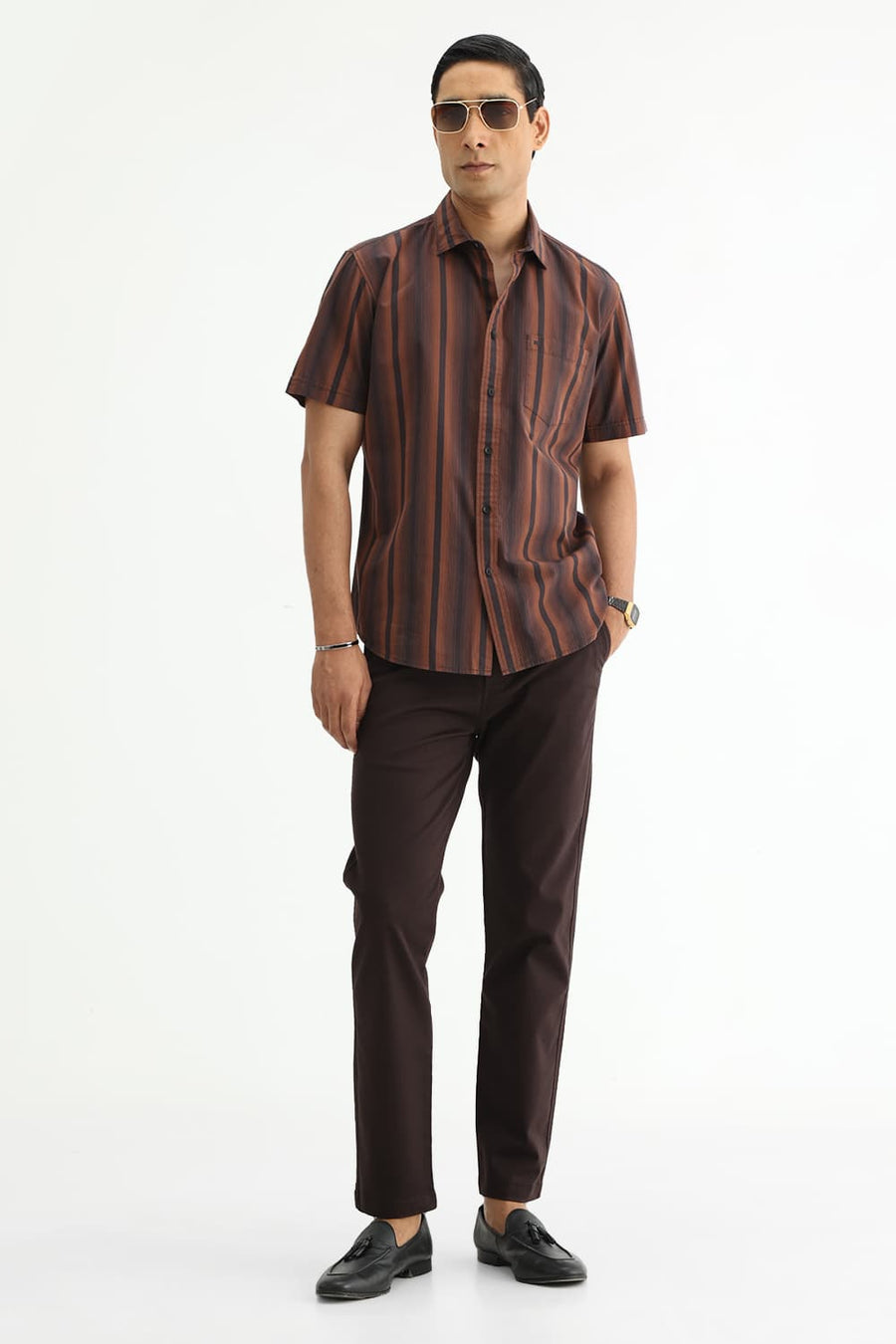 BASICS SLIM FIT COCOA BROWN COTTON PLAIN STRIPES HALFSLEEVES SHIRT