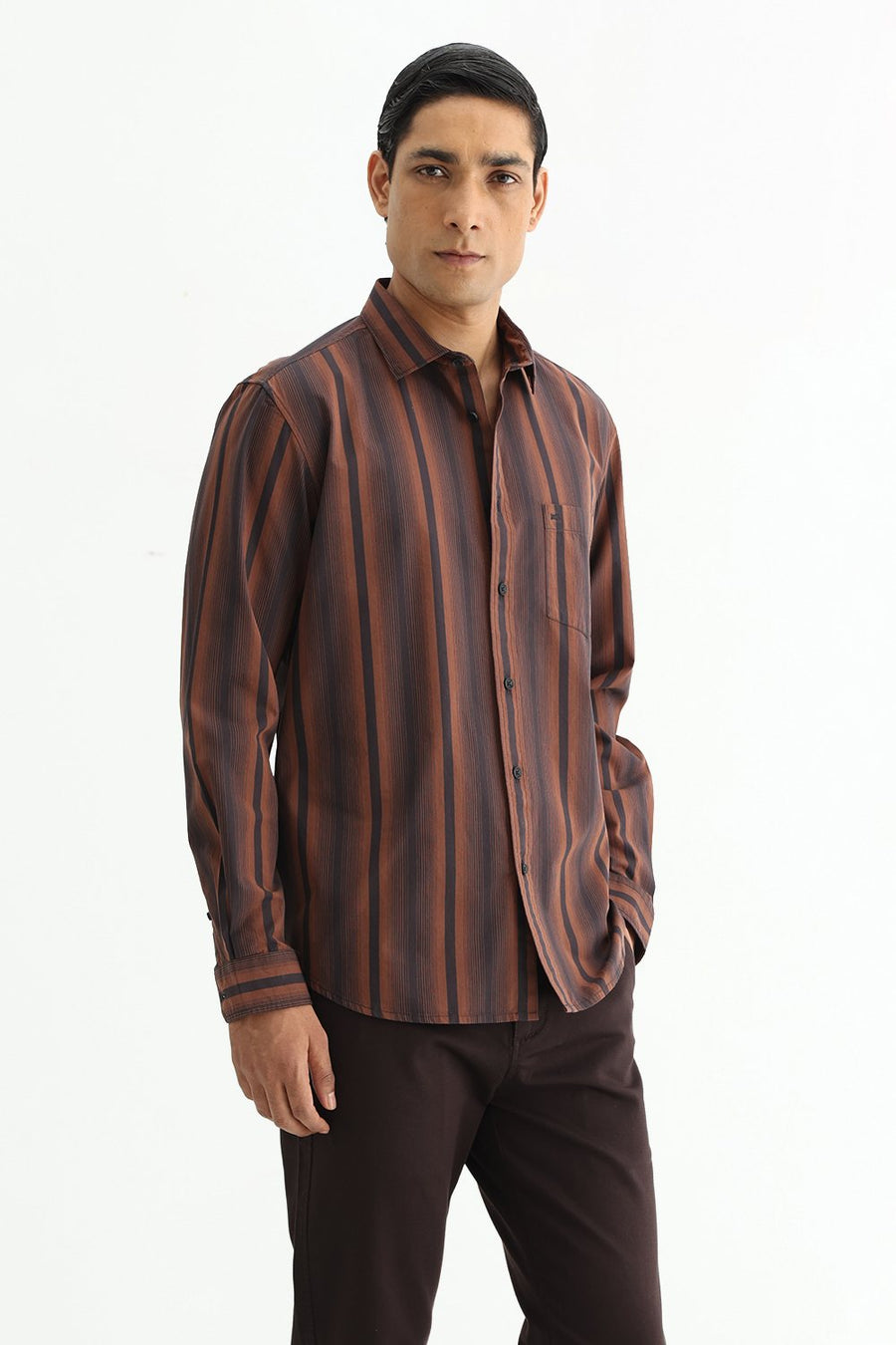 BASICS SLIM FIT COCOA BROWN COTTON PLAIN STRIPES SHIRT