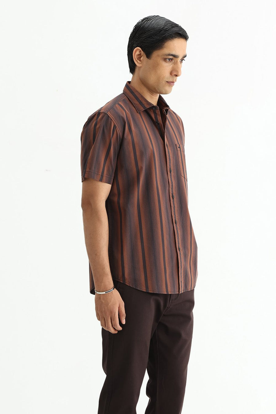 BASICS SLIM FIT COCOA BROWN COTTON PLAIN STRIPES HALFSLEEVES SHIRT