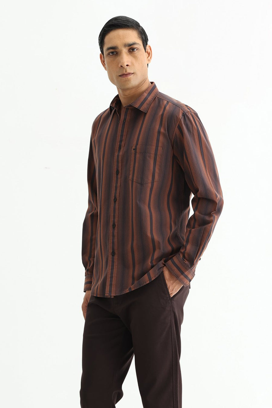 BASICS SLIM FIT COCOA BROWN COTTON PLAIN STRIPES SHIRT